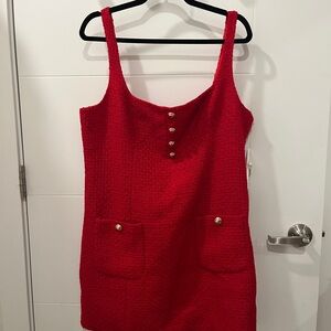Aqua Red Tweed Mini Dress with Gold-Tone Buttons